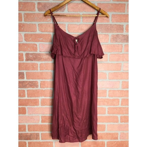 Roxy Women Still Waking Up Solid Shift Dress Ruffle Keyhole Burgundy Size Large - Picture 1 of 5